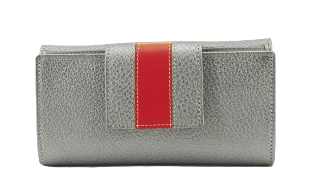 Billetero de piel en color gris para mujer hecho a mano con cierre en color rojo