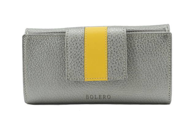 Billetero de piel en color gris para mujer hecho a mano con cierre en color amarillo