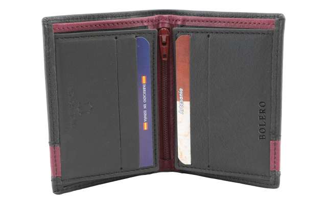 Cartera hecha a mano en piel Ubrique con dibujo rojo en la parte inferior de la cartera