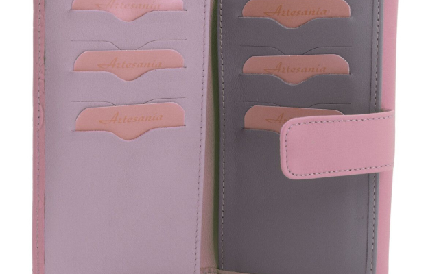 Billetero de piel para mujer con grabado de pingüinos - Malva